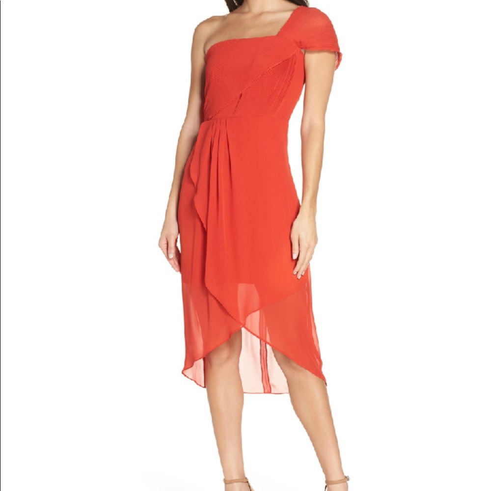 Saffron One-Shoulder High/Low Dress in Crimson 16